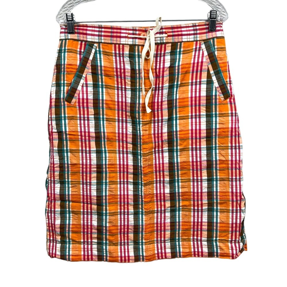 Orvis Plaid Skirt A Line Drawstring Waist Cotton Orange Green Women Size 10
